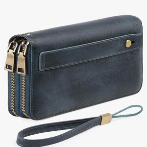 Large Weathered Look Leather Clutch Wallett with Multiple Sections, Zippers